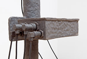 Ben Jackel / 
Boomerang (Gunshot Detector) (detail), 2024 / 
stoneware, walnut, copper and steel / 
81 x 22 x 22 in. (205.7 x 55.9 x 55.9 cm)