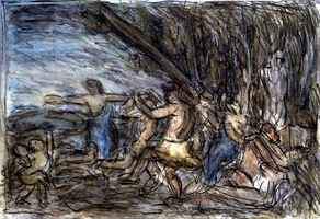 Bacchanal before a Herm #3, 1997 / 
compressed charcoal, felt pen & watercolor on paper  / 
Paper: 19 7/8 x 29 1/6 in (50.5 x 74.1 cm) Framed: 29 x 37 in (73.7 x 94 cm)
