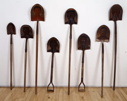 Alison Saar / 
Spade’s a Spade / 
Oil paint on eight found objects / 
Dimensions variable / 
Private collection