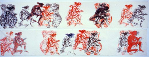Nancy Spero / 
Black and the Red, 1983 / 
handprinting/paper / 
42 x 9 in.. (106.68 x 22.86 cm) / 
Private collection