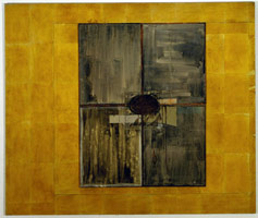 Domenico Bianchi / 
Untitled, 1985 / 
Fiberglass, mixed media collage, paint on burlap / 
84 x 100 in (213.36 x 254 cm) / 
Private collection