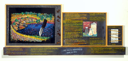 Terry Allen / 
The Fall of Pondunksville, April 30, 1988, 1986 / 
mixed media collage & lead shelf (4 parts) / 
27 x 65 1/8 x 4 1/2 in. / 
Private collection