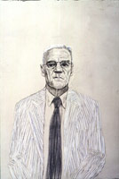 Don Bachardy. Los Angeles. 28th July 1999, 1999 / 
pencil, white crayon & grey pencil on grey paper using a camera lucida / 
22 1/4 x 15 in (56.5 x 38.1 cm) / 
23 5/8 x 16 3/8 in (59.4 x 41.6 cm)(fr) / 
Private collection