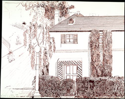 House, Miller Drive, L.A., 1978 / 
sepia ink on paper / 
19 x 24 in (48.3 x 61 cm) / 
28 x 33 in (71.1 x 83.8 cm)(fr)