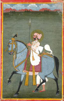 Unknown (India, Punjab Hills, Jammu or Mankot) / 
      Equestrian Portrait of Bakhtawar Singh, circa 1800 / 
      opaque watercolor on paper; narrow red borders / 
      Paper : 10 3/4 x 7 in. (27.3 x 17.8 cm) / 
      Private collection  / 
        / 
      Bakhtawar Singh was the <em>thakur </em> (feudatory
      lord) of Jhilai, a <em>thikana </em> (baroney)
      of Jaipur in Rajasthan. The Jhilai <em>thakur </em> was the premier lord
      of the region, as he was next in line of succession to the Jaipur throne
      if the ruling prince was childless.  In the late 18th and early 19th century
      a significant if little known style of painting flourished at Jhilai. The
      highly original, yet unknown, artist of the present picture was its leading
      practitioner.