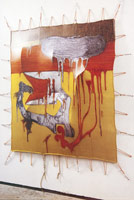 Paint-Zone L.A. #1, 1995 / 
collograph oil on canvas with copper pipe structure and climbing rope anchors / 
82 x 76 x 8 in (208.3 x 193 x 20.3 cm) / 
Private collection