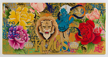 Gajin Fujita / 
Invincible Kings of This Mad Mad World, 2017 / 
Spray Paint, Paint Markers, Meanstreaks, 24k Gold Leaf, 12k White Gold Leaf, Platinum Leaf, Gloss Finish on Panel / 
96 x 192 in. (243.8 x 487.7 cm) / 
Painting composed of four panels, each panel: 96 x 48 in. (243.8 x 121.9 cm)