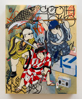 Gajin Fujita / 
Kidz Gone Bad, 2016 / 
spraypaint, paint markers, markers, meanstreak, 12k white gold leaf and 24k gold leaf on wood panel / 
10 x 8 in. (25.4 x 20.3 cm) / 
Private collection
