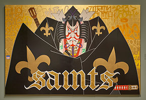 Gajin Fujita / 
The Saints, 2008 / 
gold leaf, acrylic, spray paint, and paint marker on wood panel / 
72 x 108 in. (182.9 x 274.3 cm)