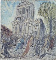 Leon Kossoff / 
Christchurch Spitalfields, Summer, 1990 - 1993 / 
oil on board / 
78 1/2 x 72 3/8 in (199.4  x 183.9 cm) / 
Private collection