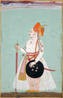 Unknown (India, Rajasthan, Jodpur School) / 
        Maharaja Abhai Singh, circa 1730 / 
        opaque watercolor and gold on paper;  / 
        brown paper borders / 
        Paper: 10 3/4 x 6 7/8 in. (27.3 x 17.5 cm) / 
        Private collection / 
          / 
        Maharaja Abhai Singh (1702-49) ascended
          the Jodhpur throne in 1724.  His
          reign of twenty-five years witnessed many personal and political problems,
          but also an outburst of creativity from his court painters.  In
          this fine portrait, the Maharaja is standing beneath a purple-streaked
          sky, holding a long sword in one hand.   His sinuous pearl necklace
          is composed of tiny flecks of white impasto pigment. 
