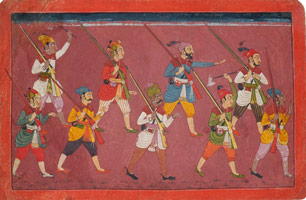 Unknown (India, Punjab Hills, Bilaspur School) / 
      Nine Soldiers Marching / 
      Illustration from a dispersed series of the Madhavanala-Kamakandala,
      circa 1700 / 
      opaque watercolor on paper; red borders / 
      Paper: 8 1/8 x 12 3/8 in. (20.6 x 31.4 cm) / 
        / 
      The Madhavanala-Kamakandala is a poetic romance featuring Madhava,
      a handsome Brahmin youth who arouses the love of Kamakandala, a beautiful
      courtesan. The majority of miniatures from the series illustrating
      this text make use of the standard narrative devices of Indian painting,
      isolating figures within box-like components derived from the landscape
      or architectural background details.   But this painting is unique:
      the background is a unified, empty field of color; and the soldiers
      march in-step across it as if they were figures in a frieze. 
