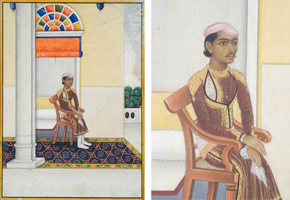 Unknown (India, Rajasthan, Jaipur School) / 
      Nobleman Seated on the Verandah of His City Mansion, circa 1860 - 70 / 
      opaque watercolor and gold on paper; colored borders / 
      Paper: 12 5/8 x 9 1/4 in. (32.1 x 23.5 cm) / 
        / 
      The neoclassical columns, fan window, and Regency chair of the gentleman's
      house, deeply indebted to English fashion, suggest that by the standards
      of the day he possessed progressive views and cutting-edge taste. Portraits
      of this type represent the final phase of traditional Indian painting:
      their style reflects the influence of that new-fangled invention, photography. 