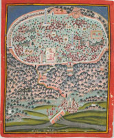 Unknown (India, Rajasthan, Mewar School) / 
      Overview of the City of Chitor, 18th century / 
      opaque watercolor on paper heightened with silver; red borders / 
      Paper: 18 1/4 x 14 7/8 in. (46.4 x 37.8 cm) / 
      Private collection / 
        / 
      Chitor was the ancient capital of Mewar
      state in southeastern Rajasthan.  One
      of the most fiercely contested seats of power in India, the city crowns
      a seven mile long hill, covering 700 acres with its fortifications, temples,
      towers, and palaces.  From the eighth to the the sixteenth century,
      this seemingly impregnable city represented a bastion of Rajput resistance
      in North India.  But the city was successfully besieged by the
      Mughal emperor Akbar in 1567. And today, Chitor is largely in
      ruins.  The tiny figures suggest the vast scale of the city and
      its surrounding terrain. 
