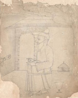 Unknown (India, Punjab Hills, Jammu or Mankot) / 
      A Seated Guru, circa 1750 / 
      drawing in brush and black ink on paper / 
      Paper: 8 1/4 x 6 7/8 in. (21 x 17.5 cm) / 
        / 
      This sensitive drawing is the finished
      preparatory study (but in mirror reverse) for <em>A
        Young Disciple Brings a Tethered Antelope to His Guru</em>, with which it is paired. Finished
      drawings of this type were the basis for all sophisticated Indian paintings,
      which were typically worked out through a preliminary yet increasingly
      detailed progression of drawings.