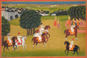 Thakur Gyan Singh Watches a Prince Receiving Water from Women at a Village
        Well / 
        India, Rajasthan, Jaipur school / 
        circa 1780 / 
        opaque watercolor and gold on paper; red borders / 
        Private collection / 
          / 
        Thakur Gyan Singh, a scion of the Devgarh royal house, was an important
        patron of painting. He is pictured here, with Gyan Singh and Kunvar
        Sadat Singh, watching a prince receiving water at a well, a perennial
        and always flirtatiously romantic subject of eighteenth century Indian
        painting. 