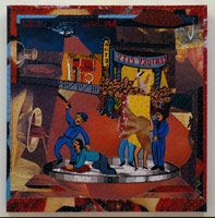 Hey, Hey L.B.J. (formerly Century City), 1992 / 
found and fabricated printed tin collaged on plywood with steel brads / 
24 x 23 in (61 x 58.4 cm)