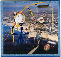 L.A.X. (#59-1992), 1992 / 
found and fabricated printed tin collaged on plywood with steel brads / 
120 x 127 in (304.8 x 322.6 cm) overall (4 panels)