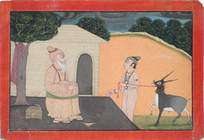Unknown (India, Punjab Hills, Jammu or Mankot) / 
        A Young Disciple Brings a Tethered Antelope to His Guru, circa 1750 / 
        opaque watercolor on paper; red borders / 
        Paper: 8 5/8 x 12 1/2 in. (21.9 x 31.8 cm) / 
          / 
        The drawing entitled 