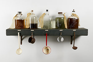 Alison Saar / 
Hades D.W.P II, 2016 / 
etched glass jars, water, dye, wood, cloth and ink transfer, electronics, found ladles and cups / 
approx size: 30 x 50 x 16 in. (76.2 x 127 x 40.6 cm)