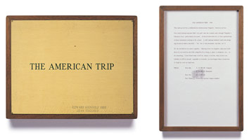 Edward Kienholz / 
The American Trip, 1966 / 
concept tableau / 
plaque: 9 1/4 x 11 3/4 in (23.5 x 29.8 cm) / 
framed concept: 13 3/8 x 9 1/4 in (33.7 x 23.5 cm)          