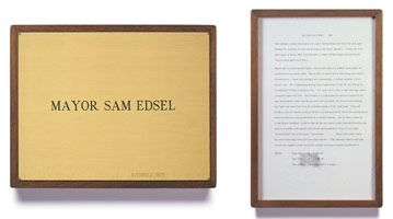 Edward Kienholz / 
Mayor Sam Edsel, 1965 / 
concept tableau / 
plaque: 9 1/4 x 11 3/4 in (23.5 x 29.8 cm) / 
framed concept: 13 3/8 x 9 1/4 in (33.7 x 23.5 cm)