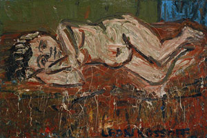 Leon Kossoff / 
Nude on a Red Bed, 1972 / 
oil on board / 
Canvas: 48 x 72 in (121.9 x 182.9 cm) / Framed: 59 x 83 x 3 3/4 in (149.9 x 210.8 x 9.5 cm) / 
Private collection 