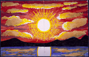 David Hockney / 
Midnight Sun, Norway II, 2003 / 
      watercolor on paper (4 sheets) / 
      Paper: 52 x 82 in. (132.1 x 208.3 cm) / 
      Framed: 56 5/8 x 86 3/4 in. (143.8 x 220.3 cm)
