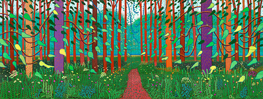 David Hockney / 
The Arrival of Spring in Woldgate, East Yorkshire in 2011 (twenty eleven) (one of a 52 part work), 2011 / 
oil on 32 canvases / 
365.8 x 975.4 in (929.1 x 2477.5 cm) / 
