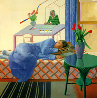 David Hockney / 
Model with Unfinished Self-Portrait, 1977 / 
oil on canvas / 
60 x 60 in (152.4 x 152.4 cm) / 
Private collection