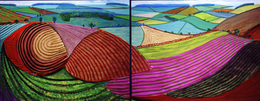 David Hockney / 
Double East Yorkshire, 1998 / 
oil on 2 canvases / 
60 x 152 in (152.4 x 386.1 cm) / 
61 1/2 x 153 in (153.7 x 388.6 cm) (fr) overall / 
Private collection