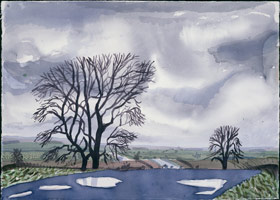 Trees & Puddles. East Yorkshire, 2004 / 
      watercolor on paper / 
      29 1/2 x 41 1/2 in. (74.5 x 105.4 cm) Framed: 32 3/4 x 44 1/2 in. (83.2 
      x 113 cm) / 
      Private collection