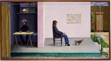 David Hockney / 
Shirley Goldfarb & Gregory Masurovsky, 1974 / 
acrylic on canvas / 
45 x 84 in (114.3 x 213.4 cm) / 
Private collection