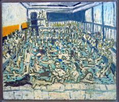 Leon Kossoff / 
Children's Swimming Pool, 12 O'Clock, Sunday Morning, 1971 / 
oil on board / 
72 x 84 in. (182.88 x 213.36 cm) / 
Private collection
