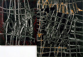 Ed Moses / 
Of Fortune, 2004 / 
acrylic on canvas / 
75 x 108 in (190.5 x 274.3 cm) (overall - 2 panels) / 
Private collection
