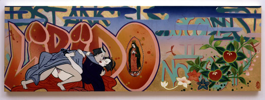 Gajin Fujita / 
Libido, 2002 / 
spray paint, acrylic & gold leaf on wood panels / 
16 x 48 in (40.6 x 121.9 cm) / 
Private collection