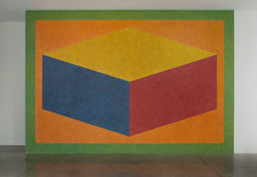 Sol LeWitt / 
Wall Drawing 620A: Forms derived from cubic rectangles, with color ink washes superimposed / 
      First Drawn by: Fransje Killaars, Roy Villevoye First Installation: Galeria Juana de Aizpuru, Madrid Spain October, 1989  / 
      color ink wash / 
      166 x 352 in resited and adapted for L.A. Louver installation dimensions variable