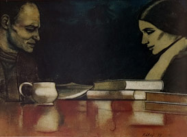 R.B. Kitaj / Two London Painters, Frank Auerbach and Sandra Fisher, 1979 / pastel and charcoal on paper / 33 x 30 1/4 in (83.8 x 76.8 cm)