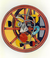 Frank, 1993 / 
metal and mixed media collage on sterling silver / 
3 1/2 in (8.89 cm) diameter / 
Private collection