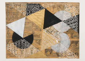 Tom Wudl / 
Untitled, 1972 / 
acrylic and gold leaf on newsprint, paper punch / 
Paper: 20 3/4 x 27 1/8 in. (52.7 x 68.9 cm) / 
Framed: 28 3/8 x 34 5/8 in. (72.1 x 87.9 cm) / 
Collection of the artist