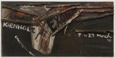 Edward Kienholz / 
Exodus, 1958 / 
oil and wood on plywood with text / 
23 1/2 x 48 x 1 in (59.7 x 121.9 x 2.54 cm) / 
Private collection