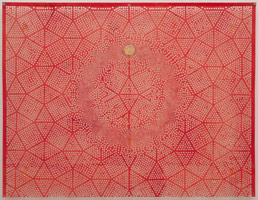 Tom Wudl / Homage to Buckminster Fuller , 1973 - 1975 / acrylic and gold leaf on paper punch / 28 x 37 in (71.1 x 94 cm) / plexi case: 35 x 43 x 3 in (88.9 x 109.2 x 7.6 cm)