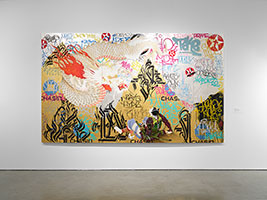 Installation photography, Kinetic Traces / 
National Academy of Design, New York / 
Photo credit: Argenis Apolinario / 
Pictured: Gajin Fujita / 
Game of Drones (GOD), 2022 / 
Spray paint, 12K & 23.75K goldleaf, acrylic, streaks, metalhead paint markers, paint markers on six wood panels / 
72 x 120 in. (182.9 x 304.8 cm)