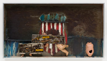 Edward Kienholz / 
'Ore The Ramparts We Watched, Fascinated, 1959 / 
painted wood, rope, radio parts, doll parts, other mixed media / 
25 1/2 x 45 1/2 x 5 in. (64.8 x 115.6 x 12.7 cm) / 
Collection of Fondazione Prada, Milan, Italy