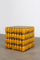 Rebecca Campbell / 
Two Year Supply, 2014 / 
peaches, sugar, water, glass, tinplate steel / 
28 x 30 x 30 in. (71.1 x 76.2 x 76.2 cm)