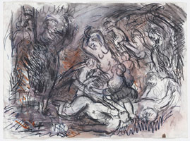 Leon Kossoff / 
From Rubens: The Brazen Serpent, 1995-1996 / 
compressed charcoal, watercolor, black and brown felt-tipped pen on paper / 
22 x 29 7/8 in. (56 x 75.8 cm)