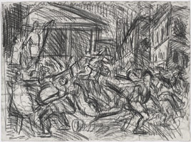 Leon Kossoff / 
From Poussin: The Rape of the Sabines, 1995 / 
charcoal on paper (double-sided) / 
22 x 29 3/4 in. (56 x 75.5 cm)