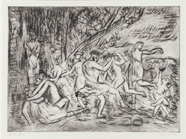 Leon Kossoff / 
From Poussin: A Bacchanalian Revel before a Herm - For Euan, 2000 / 
drypoint & etching / 
16 x 22 1/2 in. (40.8 x 57 cm)