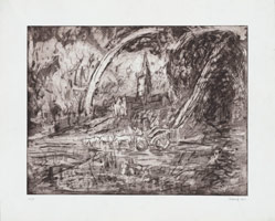 Leon Kossoff / 
From Constable: Salisbury Cathedral from the Meadows, 1997 / 
softground etching and aquatint / 
16 3/4 x 21 5/8 in. (42.7 x 55 cm)