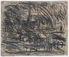 Leon Kossoff / 
From Constable: Salisbury Cathedral from the Meadows / 
pastel on paper / 
18 x 22 1/4 in. (46 x 56.5 cm)